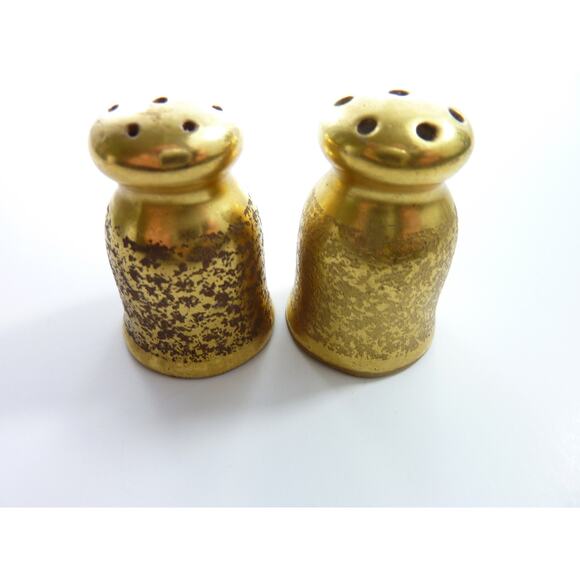 Vintage Miniature Mid-Century Salt Pepper Shakers Gold Ceramic 1 1/2" - Picture 1 of 4